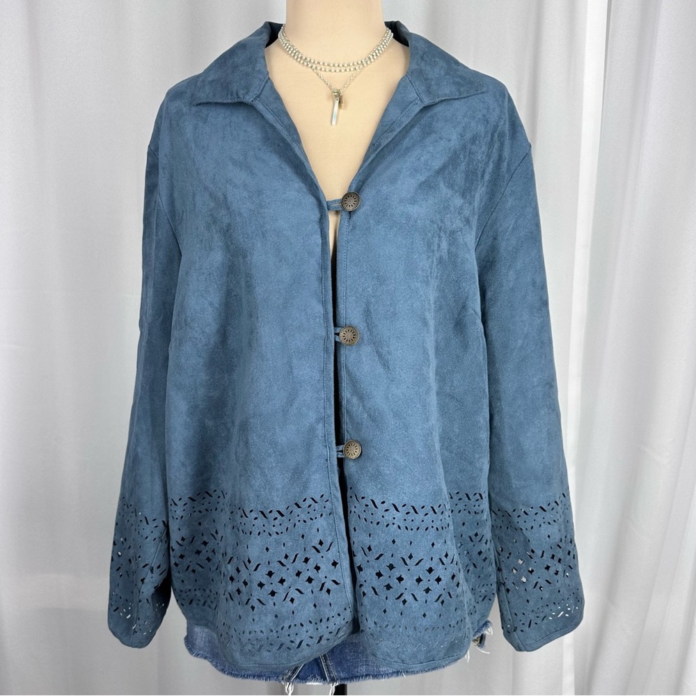 Napa Valley Faux Suede Jacket Sz 1X Blue Laser Cut Detail 3 Button Collared EUC